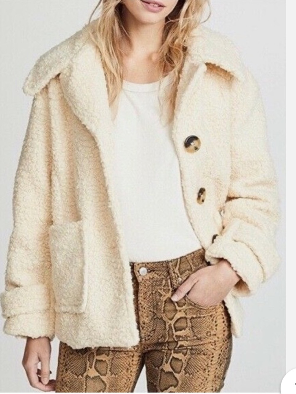 Free People Runway Popular Soft Teddy Bear Faux Fur Ivory Sherpa Jacket Coat